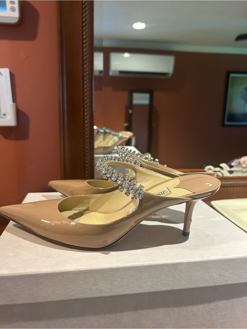 Jimmy Choo Nude Patent Pointed-Toe Mules with Crystal Strap